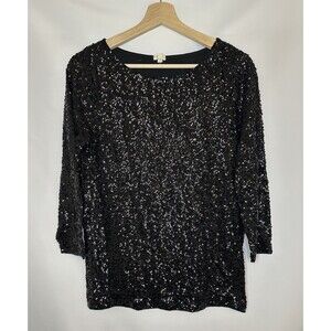 J.‎ CREW Womens Black Sequin Blouse Size S Boatneck 3/4 Sleeve Pullover Glitzy